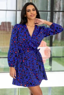 Pour Moi Millie Faux Wrap Woven Satin Dress - Cobalt Leopard -Cheap Clozi Vibe Store 302125 20221208094000