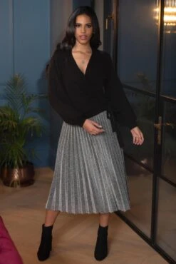 Pour Moi Nina Lame Pleated Midi Skirt - Gunmetal