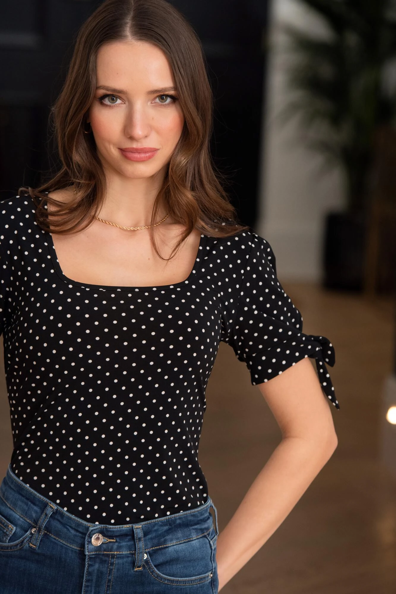 Pour Moi Birdie Square Neck Slinky Stretch Top - Black Spot 1 Pour Moi Birdie Square Neck Slinky Stretch Top - Black Spot