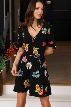 Pour Moi Bella Slinky Stretch Tie Sleeve Tea Dress - Multi Floral