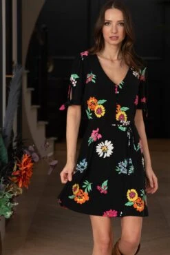 Pour Moi Bella Slinky Stretch Tie Sleeve Tea Dress - Multi Floral -Cheap Clozi Vibe Store 305563 20230105143000