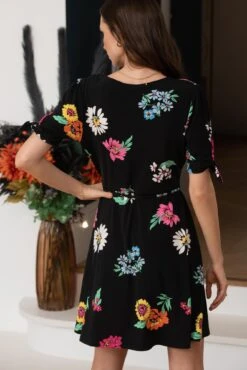 Pour Moi Bella Slinky Stretch Tie Sleeve Tea Dress - Multi Floral -Cheap Clozi Vibe Store 305564 20230105143000