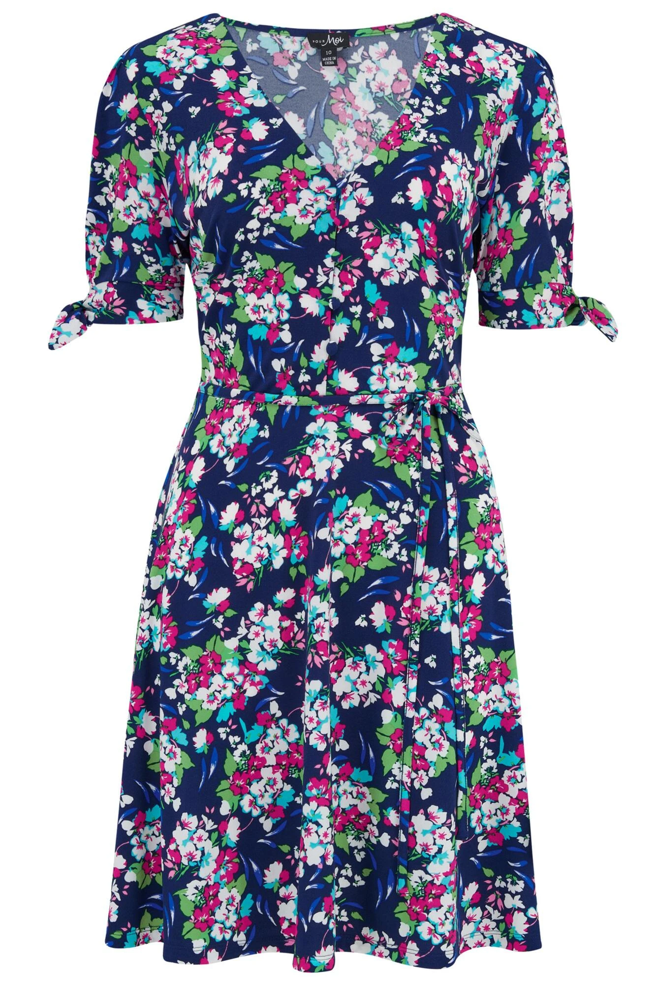 Pour Moi Bella Slinky Stretch Tie Sleeve Tea Dress - Navy Floral 5 Pour Moi Bella Slinky Stretch Tie Sleeve Tea Dress - Navy Floral - Image 5