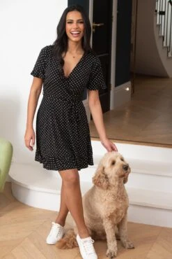 Pour Moi Birdie Frill Detail Slinky Stretch Dress - Black Spot