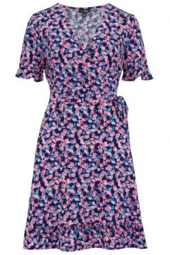 Pour Moi Birdie Frill Detail Slinky Stretch Dress - Navy Floral -Cheap Clozi Vibe Store 305656 20230105155600