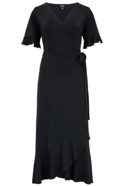 Pour Moi Megan Slinky Jersey Frill Detail Midi Wrap Dress - Black -Cheap Clozi Vibe Store 305674 20230105160500