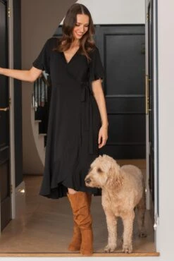 Pour Moi Megan Slinky Jersey Frill Detail Midi Wrap Dress - Black