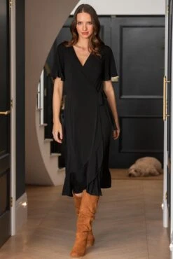 Pour Moi Megan Slinky Jersey Frill Detail Midi Wrap Dress - Black -Cheap Clozi Vibe Store 305677 20230105160500