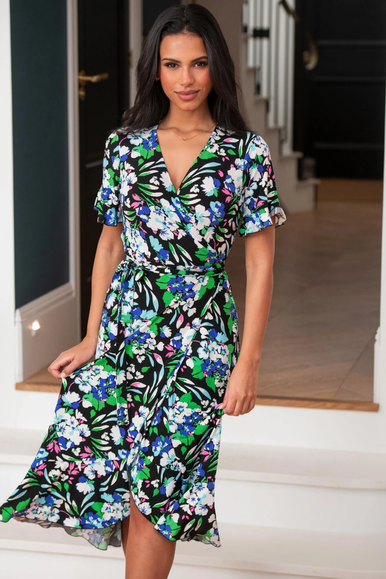 Pour Moi Megan Slinky Jersey Frill Detail Midi Wrap Dress - Black Floral 2 Pour Moi Megan Slinky Jersey Frill Detail Midi Wrap Dress - Black Floral - Image 2