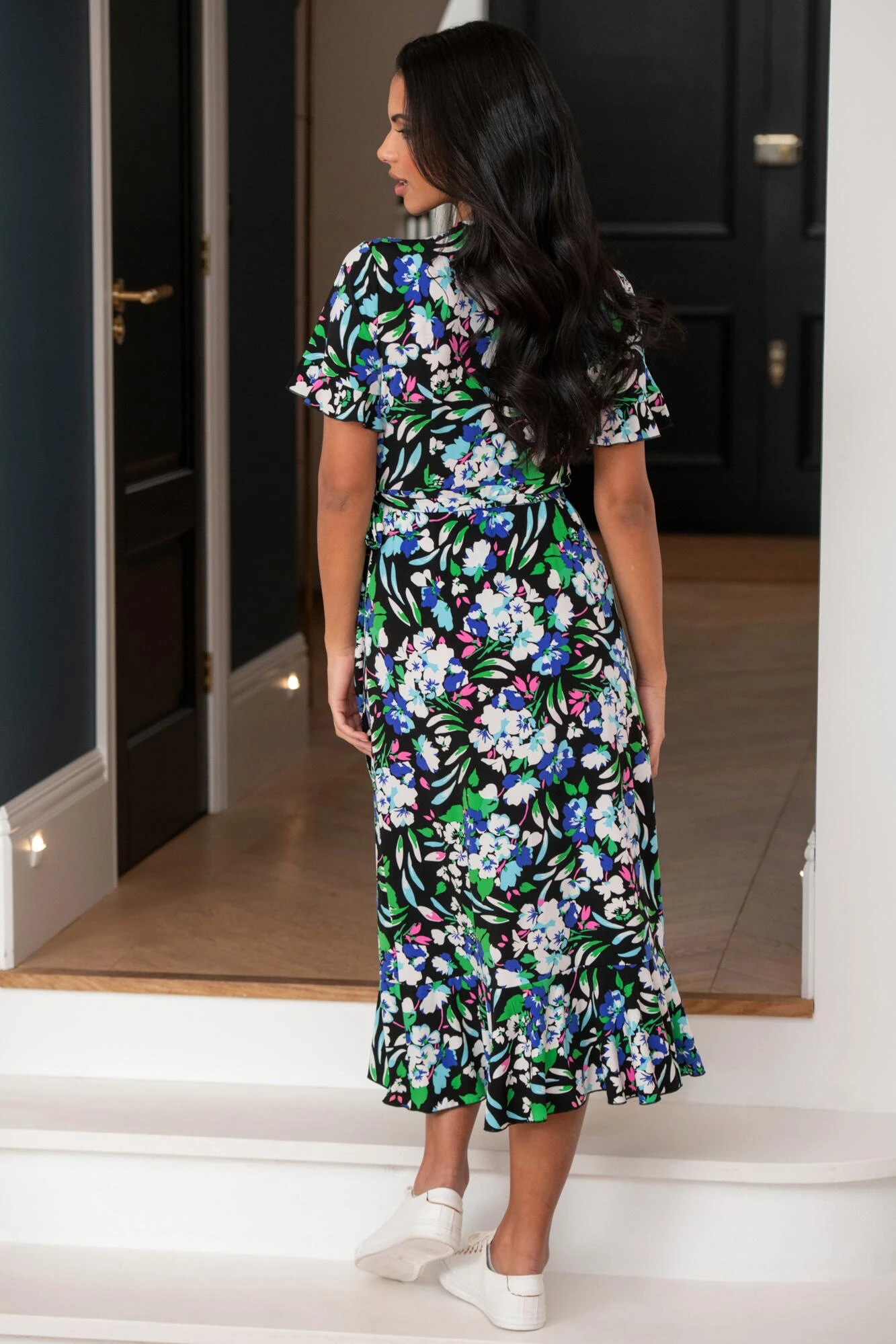 Pour Moi Megan Slinky Jersey Frill Detail Midi Wrap Dress - Black Floral 5 Pour Moi Megan Slinky Jersey Frill Detail Midi Wrap Dress - Black Floral - Image 5