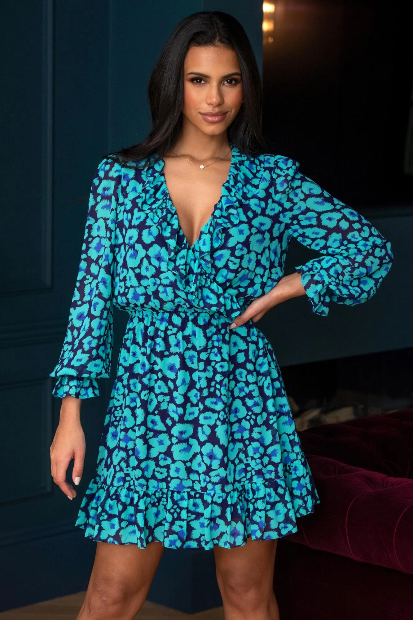 Pour Moi Nico Frill Detail Chiffon Dress - Navy/Aqua 1 Pour Moi Nico Frill Detail Chiffon Dress - Navy/Aqua