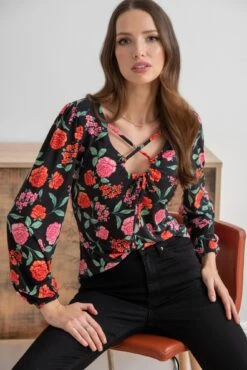 Pour Moi Bianca Cut Out Detail Slinky Stretch Top - Black Floral