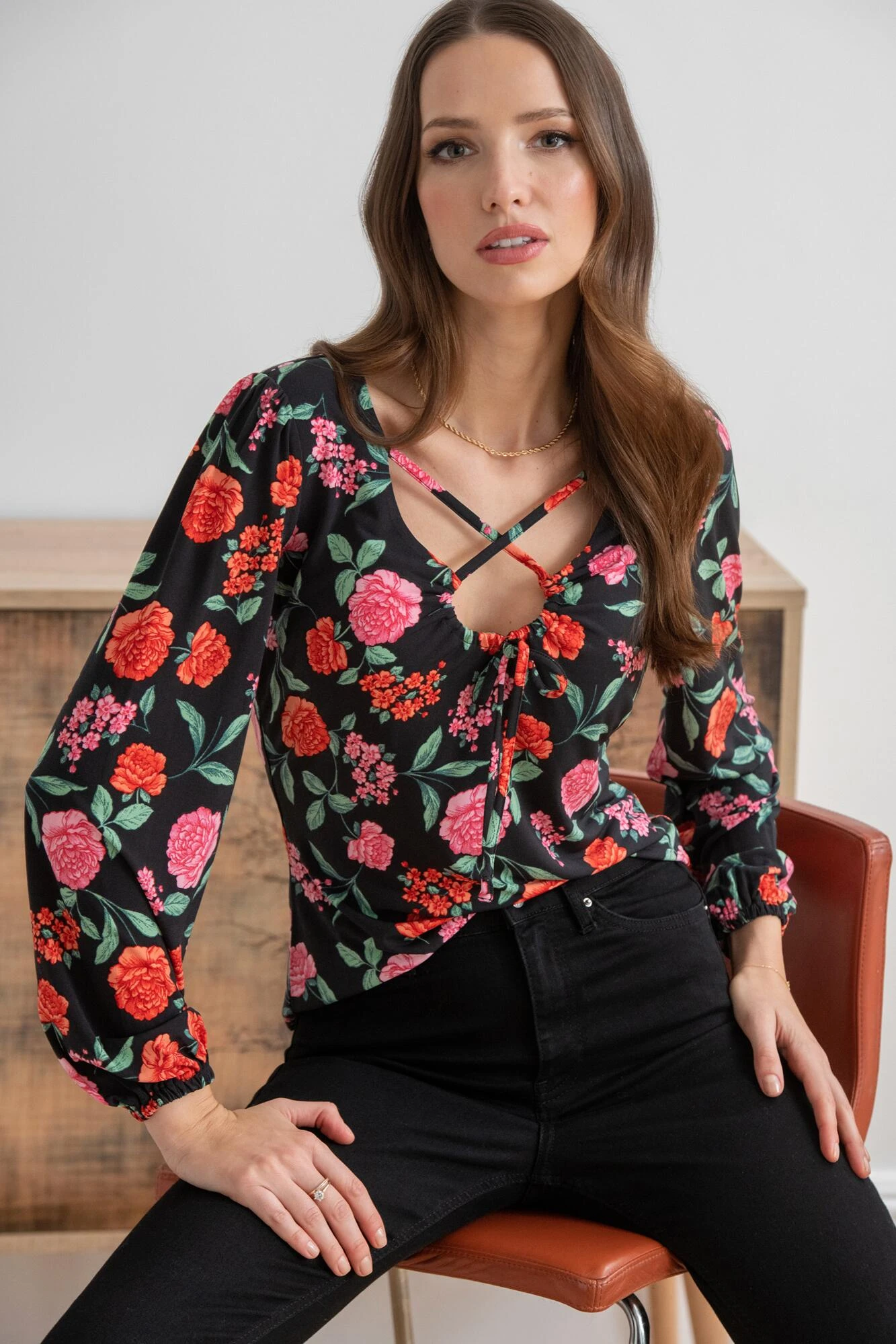 Pour Moi Bianca Cut Out Detail Slinky Stretch Top - Black Floral 1 Pour Moi Bianca Cut Out Detail Slinky Stretch Top - Black Floral