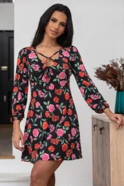 Pour Moi Bianca Cut Out Detail Slinky Stretch Dress - Black Floral