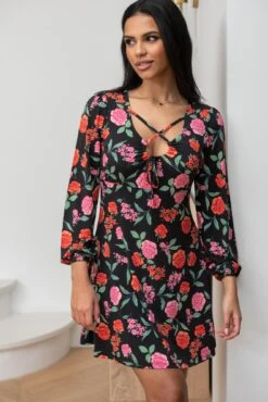 Pour Moi Bianca Cut Out Detail Slinky Stretch Dress - Black Floral -Cheap Clozi Vibe Store 305935 20230106110700