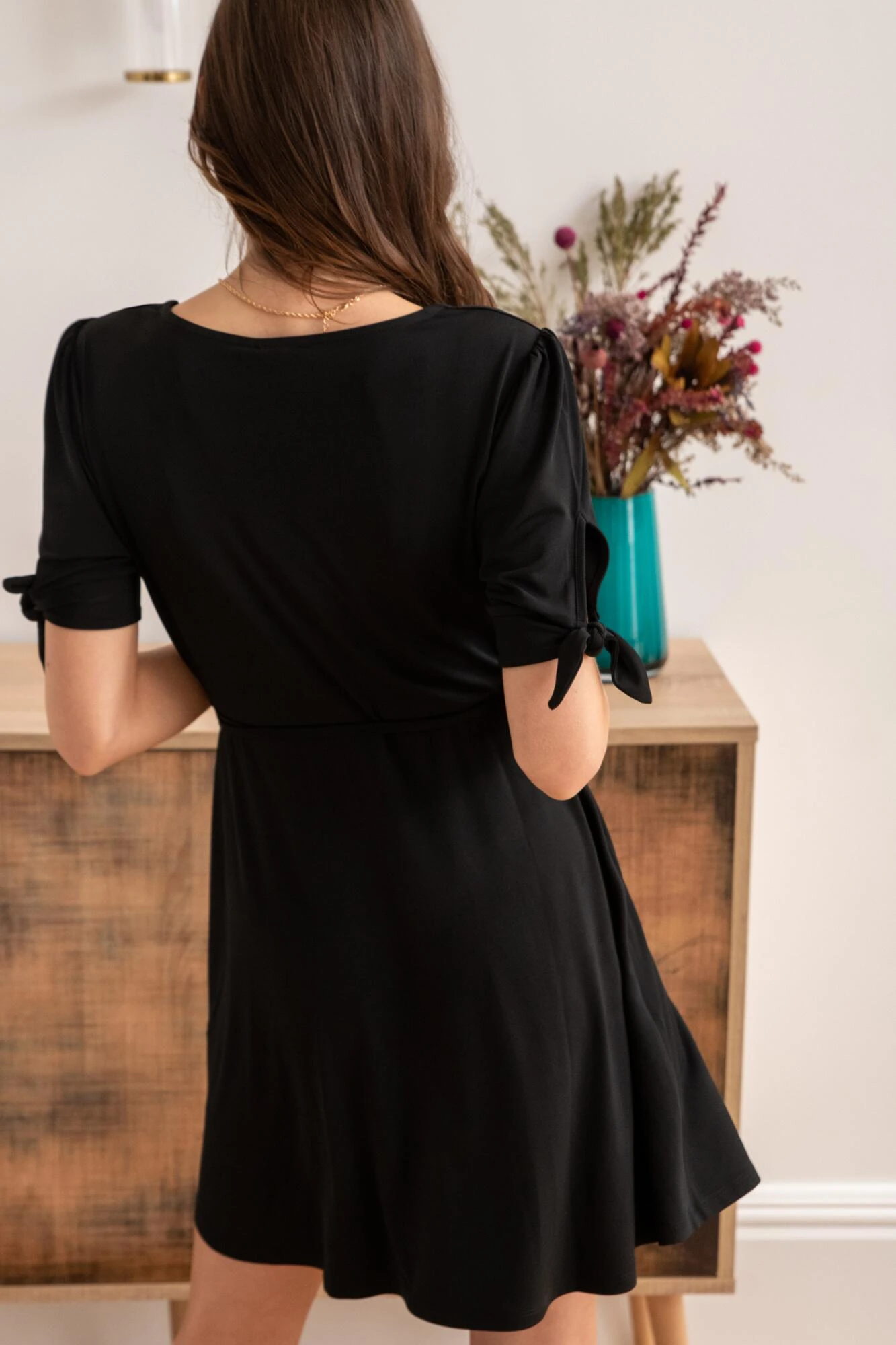 Pour Moi Bella Slinky Stretch Tie Sleeve Tea Dress - Black 4 Pour Moi Bella Slinky Stretch Tie Sleeve Tea Dress - Black - Image 4