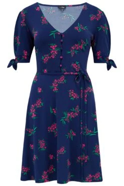 Pour Moi Bella Slinky Stretch Tie Sleeve Tea Dress - Navy/Pink -Cheap Clozi Vibe Store 306270 20230106162800