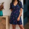 Pour Moi Bella Slinky Stretch Tie Sleeve Tea Dress - Navy/Pink