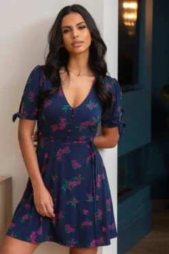 Pour Moi Bella Slinky Stretch Tie Sleeve Tea Dress - Navy/Pink -Cheap Clozi Vibe Store 306273 20230106162800