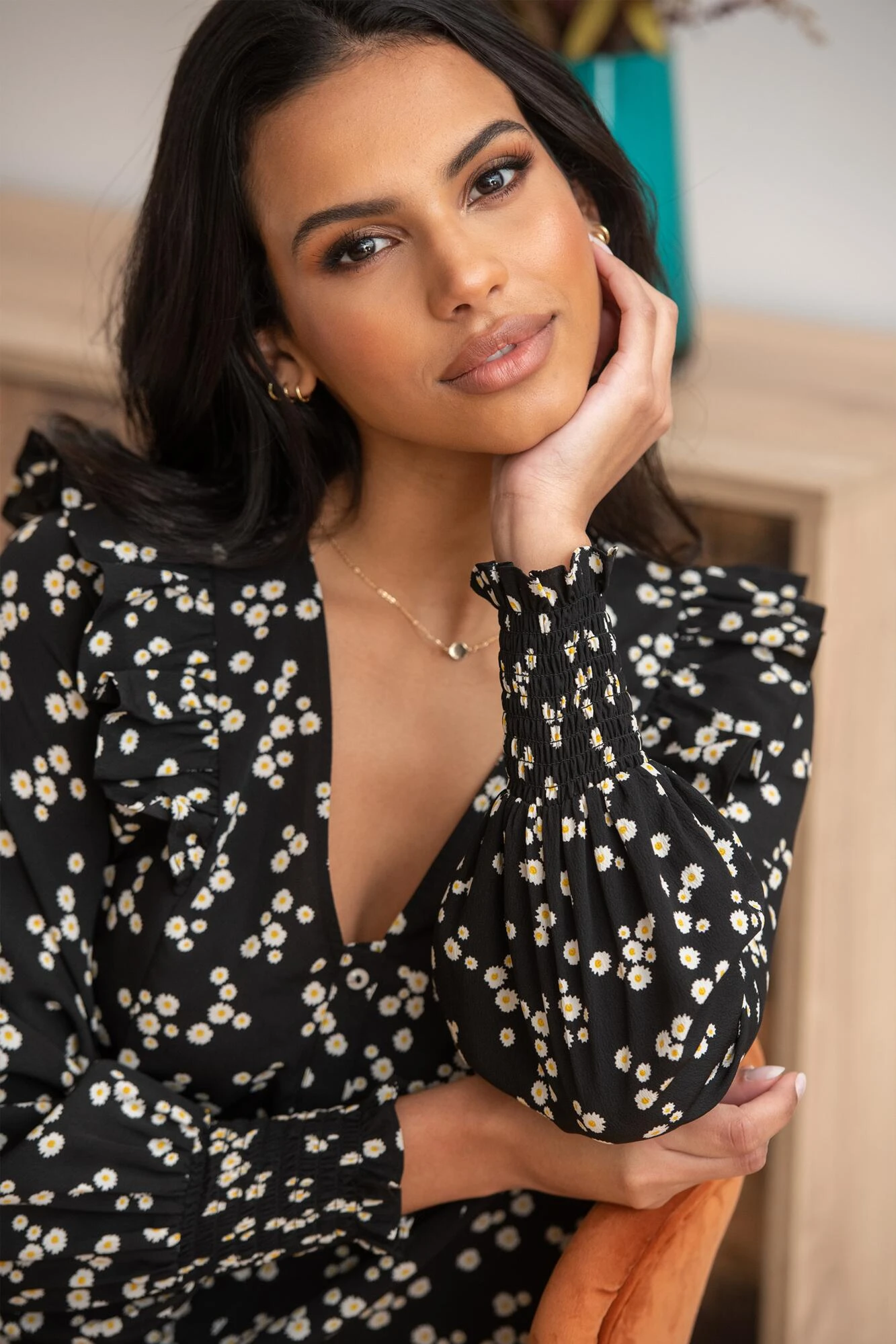 Pour Moi Maggie Woven Button Through Frill Blouse - Black Ditsy 2 Pour Moi Maggie Woven Button Through Frill Blouse - Black Ditsy - Image 2