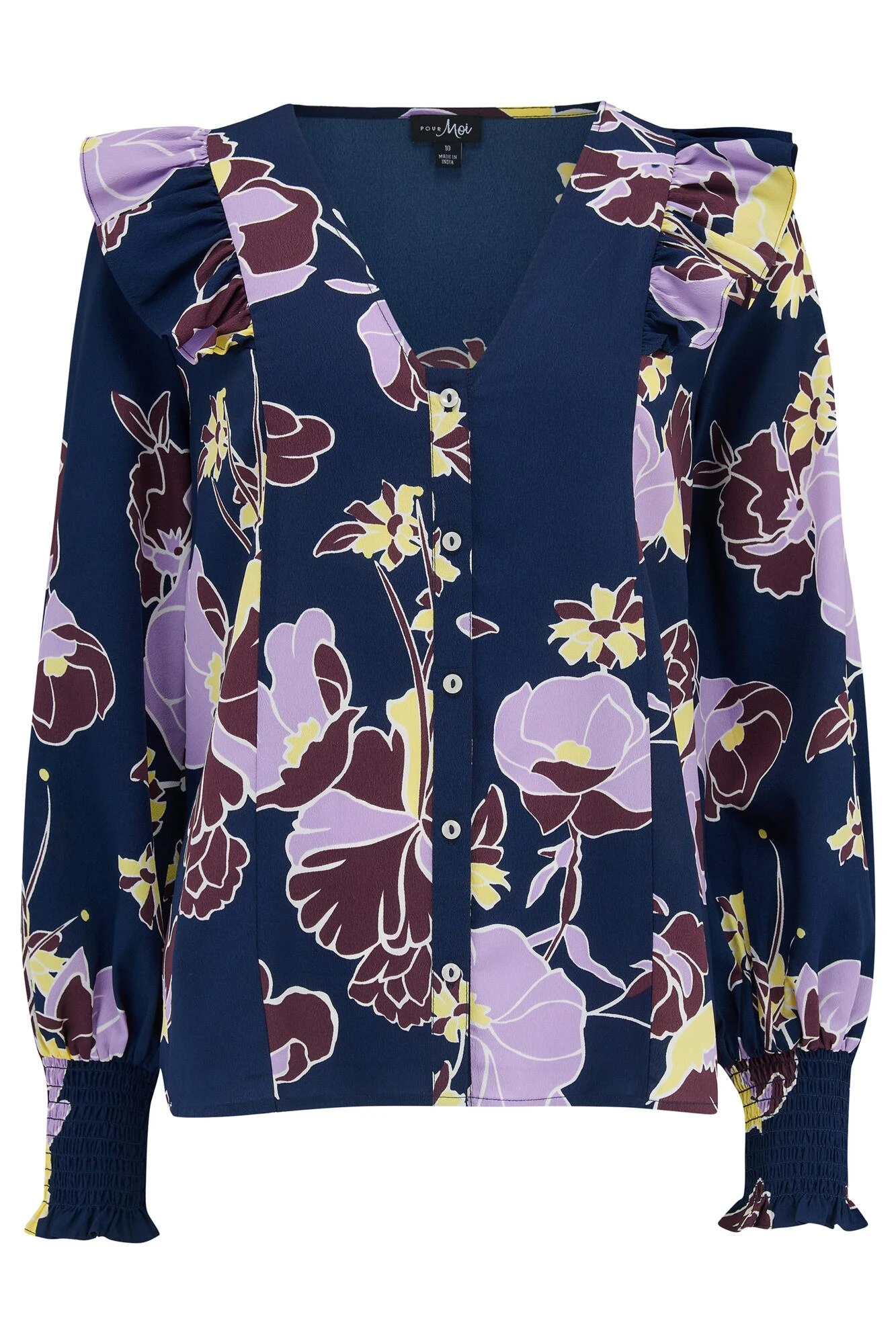 Pour Moi Maggie Woven Button Through Frill Blouse - Navy Floral 7 Pour Moi Maggie Woven Button Through Frill Blouse - Navy Floral - Image 7