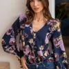 Pour Moi Maggie Woven Button Through Frill Blouse - Navy Floral