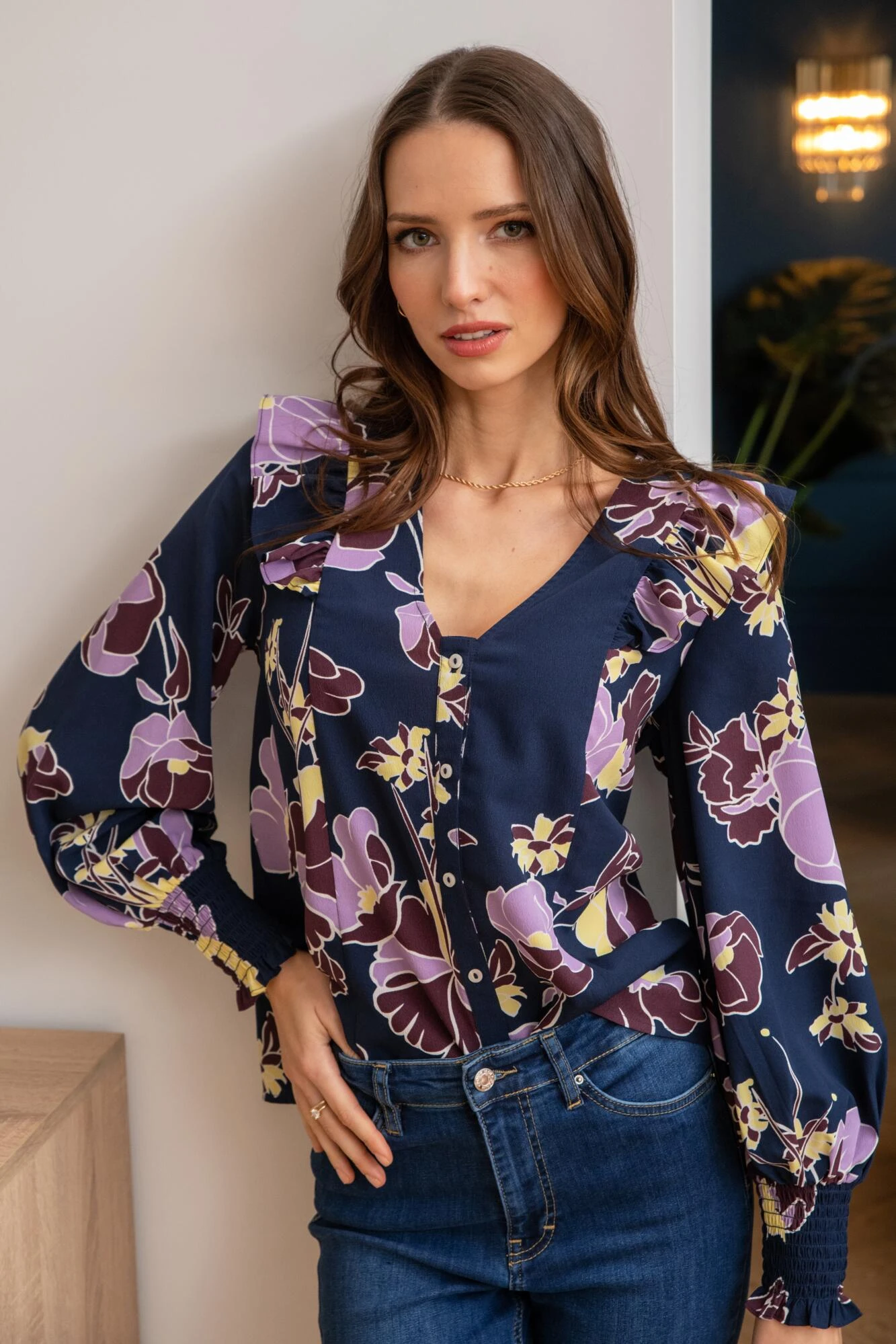 Pour Moi Maggie Woven Button Through Frill Blouse - Navy Floral 1 Pour Moi Maggie Woven Button Through Frill Blouse - Navy Floral