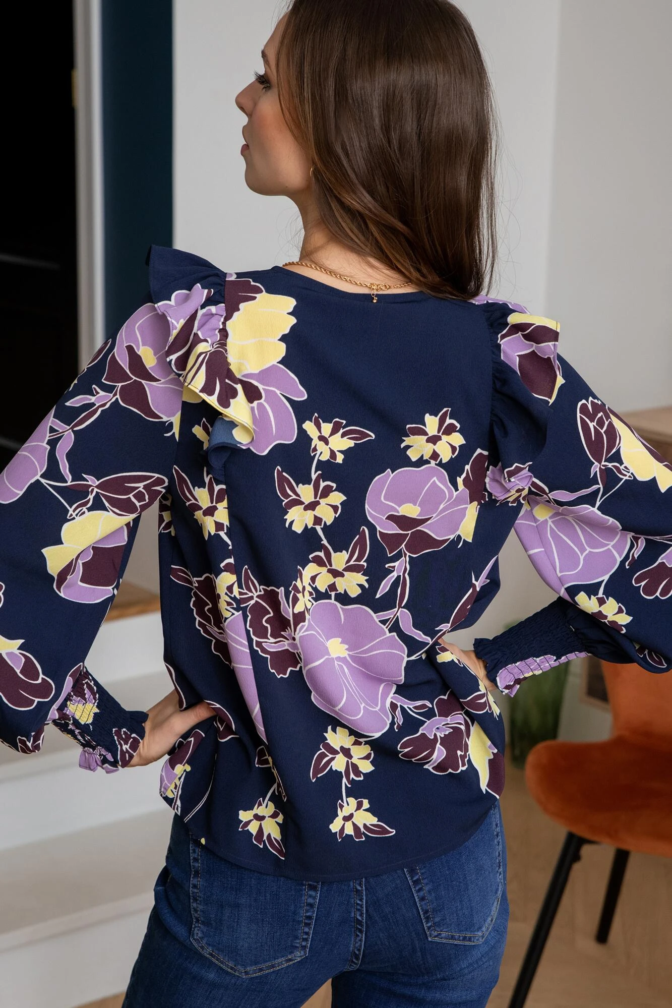 Pour Moi Maggie Woven Button Through Frill Blouse - Navy Floral 5 Pour Moi Maggie Woven Button Through Frill Blouse - Navy Floral - Image 5