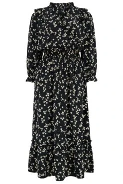 Pour Moi Maggie Woven Frill Midi Dress - Black Ditsy -Cheap Clozi Vibe Store 306339 20230919164200