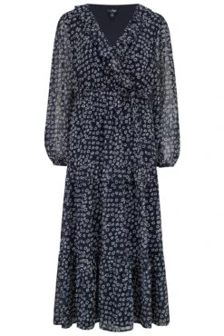 Pour Moi Lily Chiffon Frill Midaxi Dress - Navy Ditsy -Cheap Clozi Vibe Store 306384 20230919164400