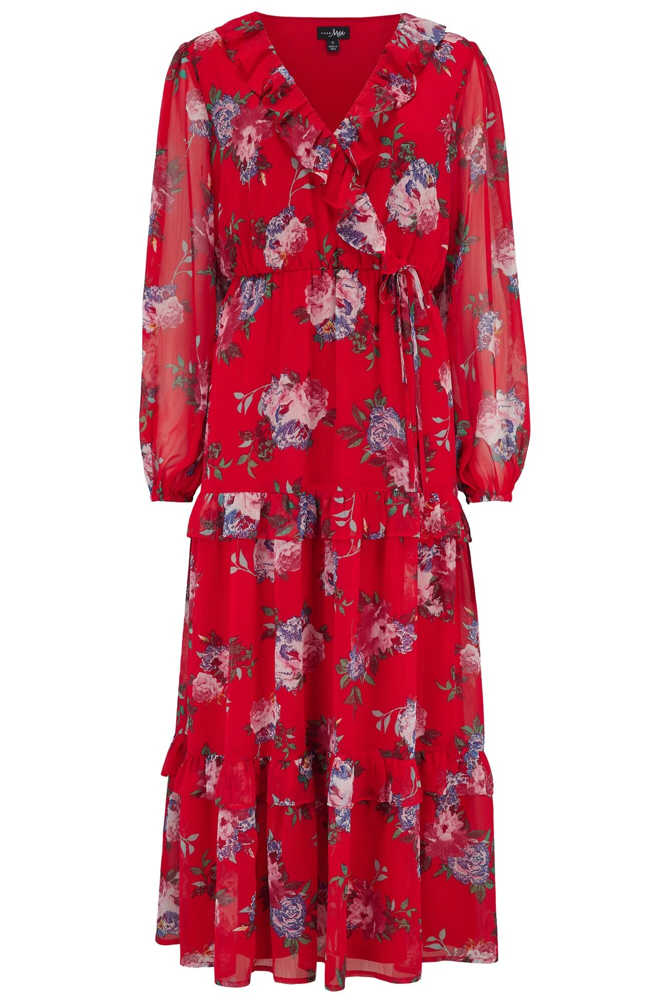 Pour Moi Lily Chiffon Frill Midaxi Dress - Red Floral 6 Pour Moi Lily Chiffon Frill Midaxi Dress - Red Floral - Image 6