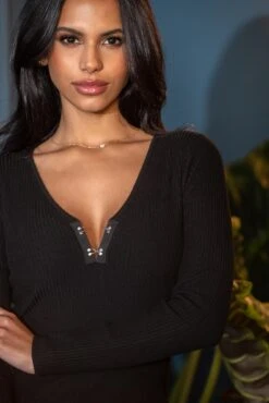 Pour Moi Layla LENZING™ ECOVERO™ Viscose Rib Knit V-Neck Long Sleeve Top - Black -Cheap Clozi Vibe Store 306664 20230209165800