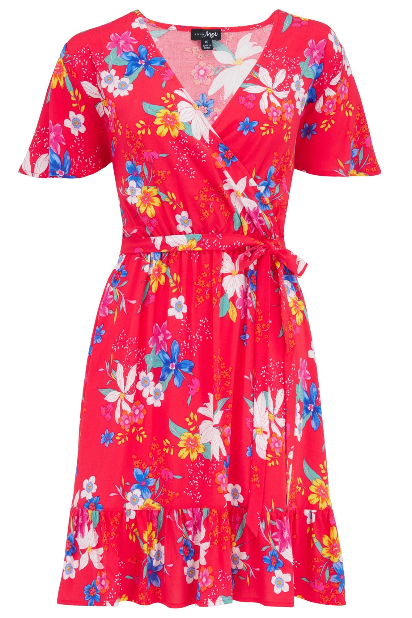 Pour Moi Woven EcoVero™ Tiered Wrap Beach Dress - Red Tropical 5 Pour Moi Woven EcoVero™ Tiered Wrap Beach Dress - Red Tropical - Image 5