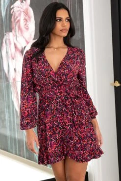 Pour Moi Kelly Woven Viscose Balloon Sleeve Frill Wrap Dress - Red Floral -Cheap Clozi Vibe Store 308157 20230124110300