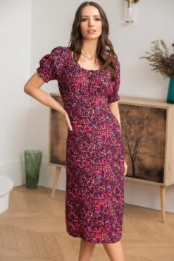 Pour Moi Emma Woven Viscose Puff Sleeve Midi Tea Dress - Red Floral