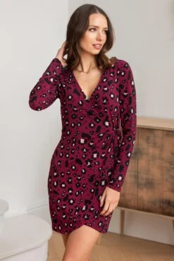 Pour Moi Bryony Slinky Stretch Jersey Wrap Mini Dress - Berry Leopard