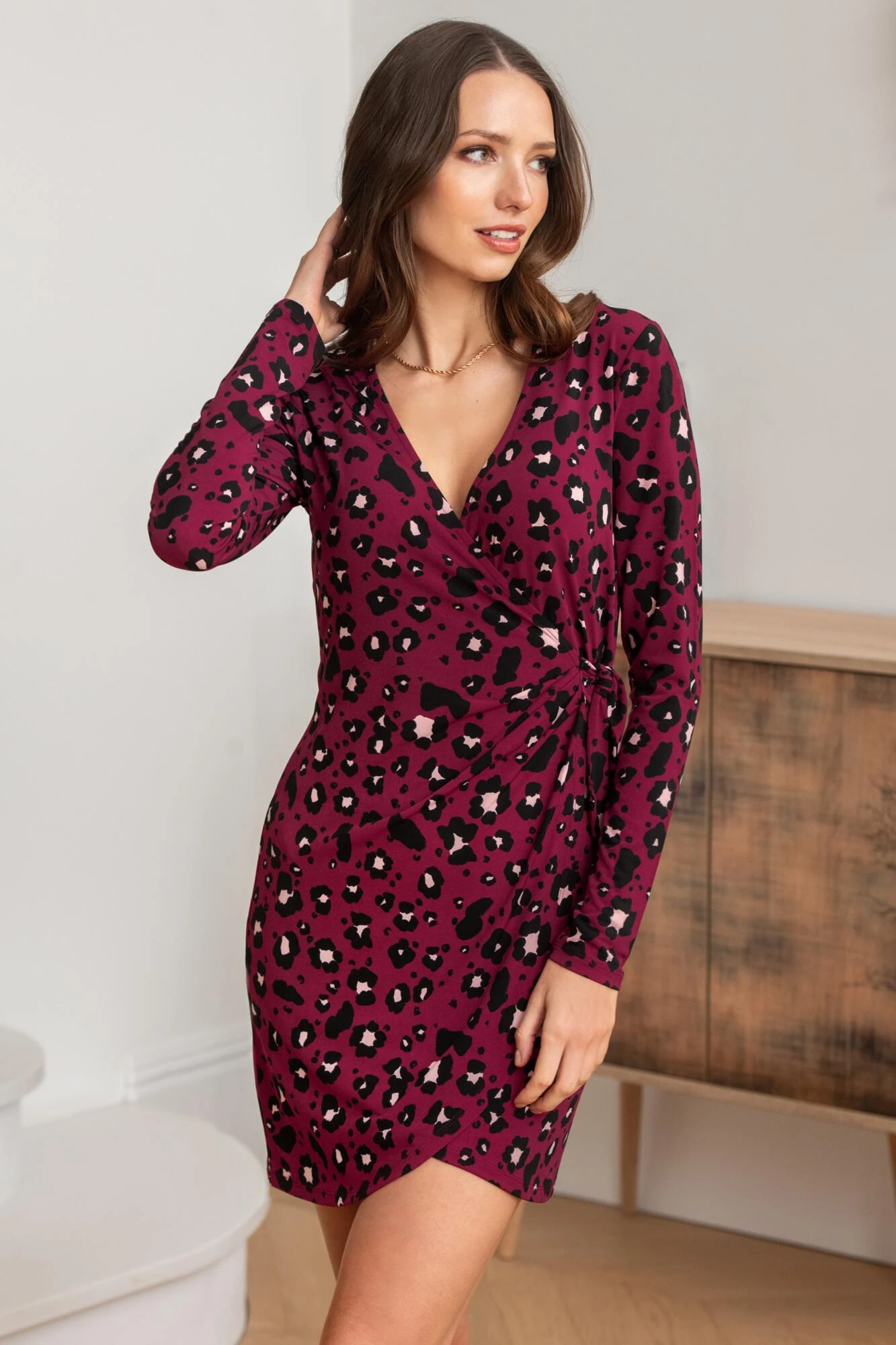 Pour Moi Bryony Slinky Stretch Jersey Wrap Mini Dress - Berry Leopard 1 Pour Moi Bryony Slinky Stretch Jersey Wrap Mini Dress - Berry Leopard