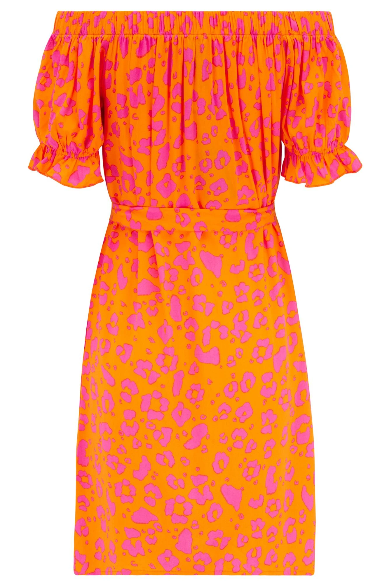 Pour Moi Woven Puff Sleeve Removable Belted Bardot Dress - Orange/Pink 7 Pour Moi Woven Puff Sleeve Removable Belted Bardot Dress - Orange/Pink - Image 7