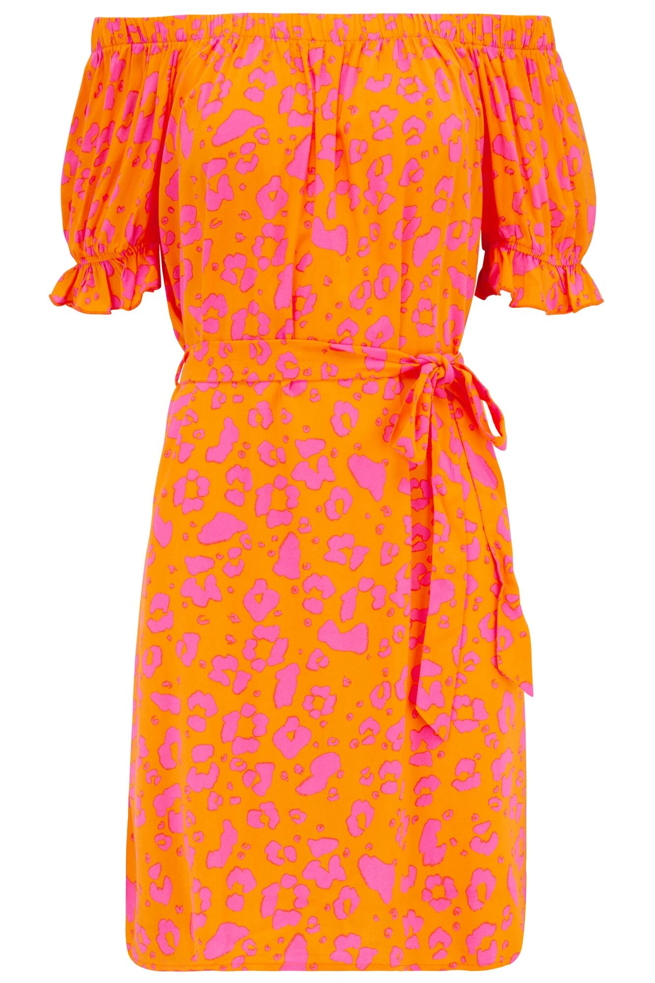 Pour Moi Woven Puff Sleeve Removable Belted Bardot Dress - Orange/Pink 6 Pour Moi Woven Puff Sleeve Removable Belted Bardot Dress - Orange/Pink - Image 6
