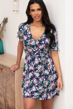 Pour Moi Bella Slinky Stretch Tie Sleeve Tea Dress - Navy Floral