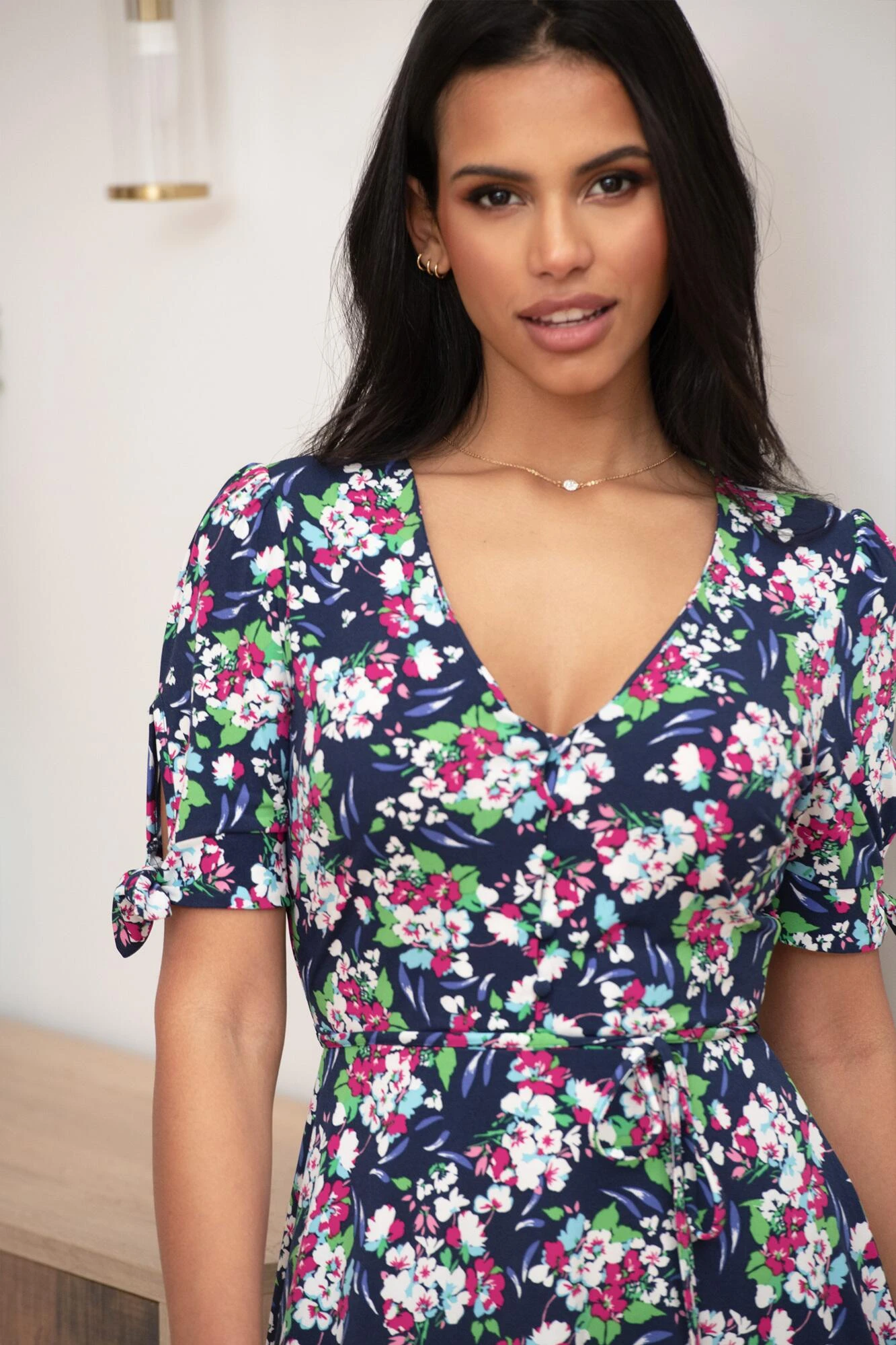 Pour Moi Bella Slinky Stretch Tie Sleeve Tea Dress - Navy Floral 2 Pour Moi Bella Slinky Stretch Tie Sleeve Tea Dress - Navy Floral - Image 2