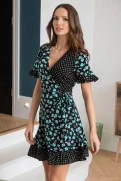 Pour Moi Birdie Frill Detail Slinky Stretch Dress - Black Mix