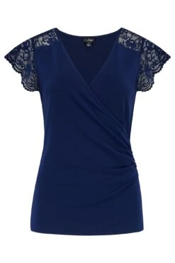 Pour Moi Julie Slinky Jersey Lace Trim Wrap Top - Navy -Cheap Clozi Vibe Store 310101 20230413131900