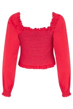 Pour Moi Rachel Cotton Shirred Bodice Long Sleeve Top - Red -Cheap Clozi Vibe Store 310218 20230512085400