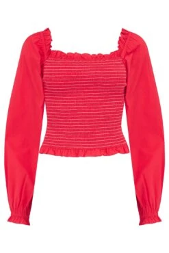 Pour Moi Rachel Cotton Shirred Bodice Long Sleeve Top - Red -Cheap Clozi Vibe Store 310219 20230512085400