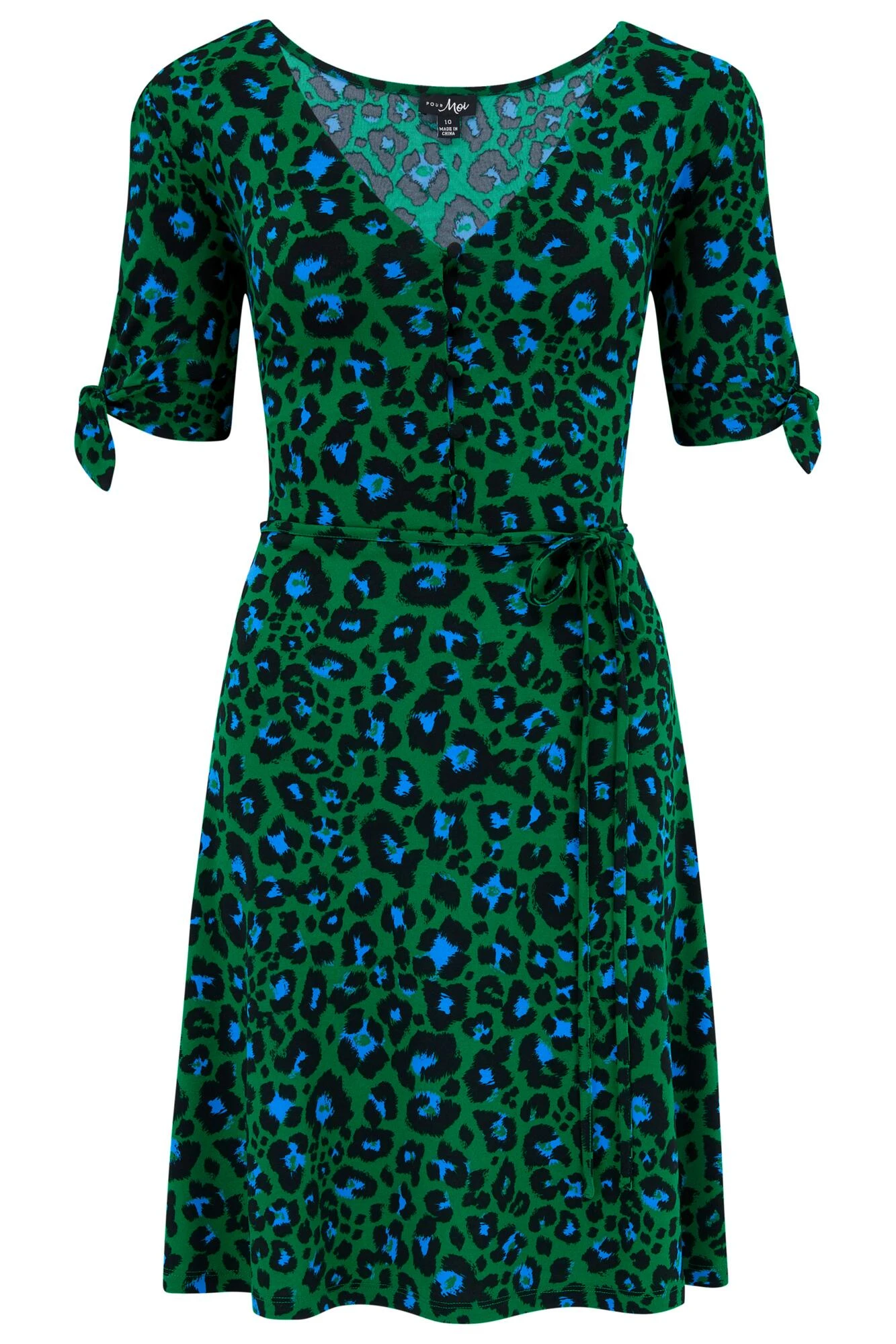 Pour Moi Bella Slinky Stretch Tie Sleeve Tea Dress - Green Leopard 5 Pour Moi Bella Slinky Stretch Tie Sleeve Tea Dress - Green Leopard - Image 5