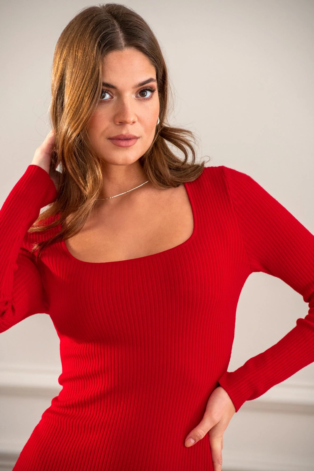 Pour Moi Sasha Rib Knit Square Neck Mini Dress With LENZING™ ECOVERO™ Viscose - Red 2 Pour Moi Sasha Rib Knit Square Neck Mini Dress With LENZING™ ECOVERO™ Viscose - Red - Image 2