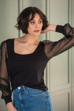 Pour Moi Rae Chiffon Sleeve Jersey Top - Black