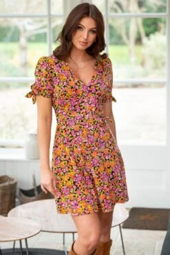 Pour Moi Bella Slinky Stretch Tie Sleeve Tea Dress - Ditsy Floral