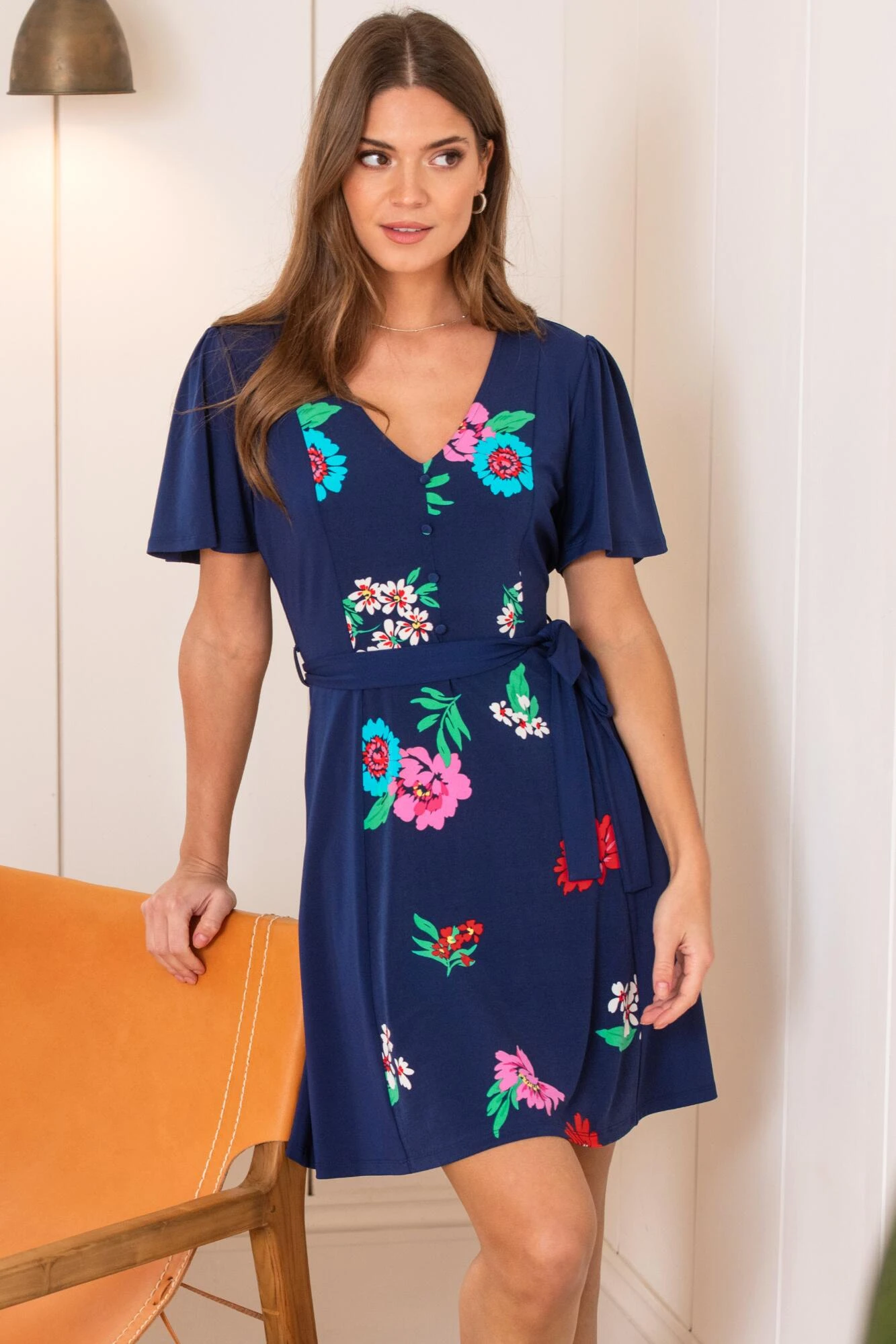 Pour Moi Priya Slinky Jersey Panel Short Sleeve Dress - Navy Floral 1 Pour Moi Priya Slinky Jersey Panel Short Sleeve Dress - Navy Floral